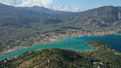 Aerial drone photo of fjord shaped port of Nydri a calm sea safe anchorage for sail boats and yachts famous for trips to Meganisi, Skorpios and other Ionian islands, Lefkada island, Greece