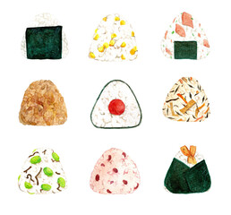 Watercolor illustration of various rice balls.