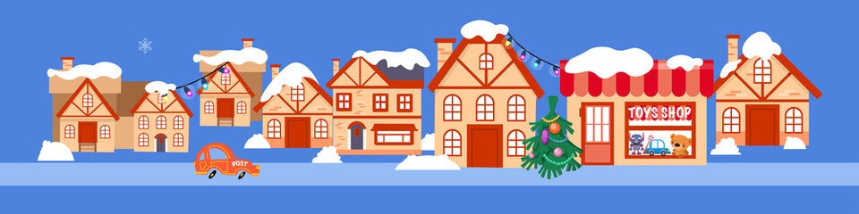 Obraz na płótnie Canvas Christmas town with houses, shop, car in flat cartoon style. Hand drawn vector banner illustration for cards, congratulations, prints, labels, posters.