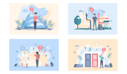 Making confusion. Doubts person surrounded by question marks. Questions dilemma situations. Asking questions. Confused people. Making choice. Being confused. Thinking or make decision. Solving problem