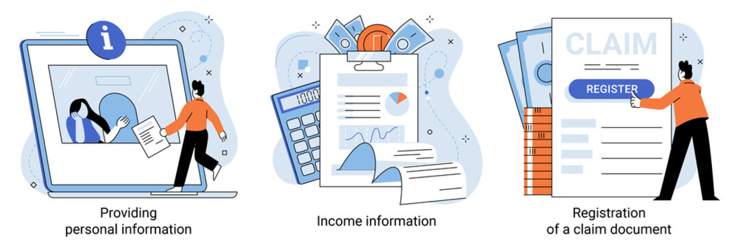 Registration of claim form document, providing personal information, income information vector set. Tax filing, credits and expenses, financial report. Online service, app with private data of users