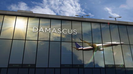 Airplane landing at Damascus Syria airport mirrored in terminal