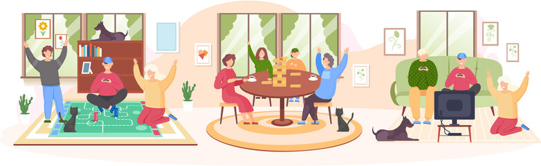 People playing board game scenes set. Friends and family having fun, spending time together at home. Parents with children enjoy table game and video game. Indoor entertainment for adults and children