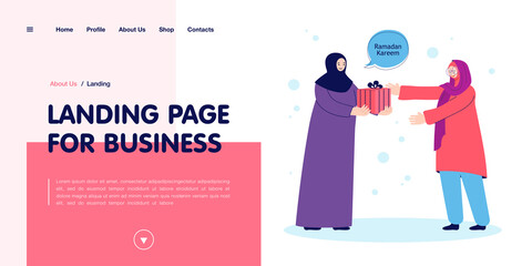Muslim woman giving present to friend or mother. Female cartoon characters in traditional clothes celebrating Ramadan flat vector illustration. Ramadan, celebration concept for banner, website design