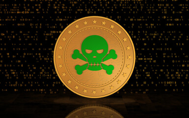 Piracy skull cybercrime and hacking symbol golden coin 3d illustration