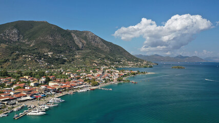 Aerial drone photo of fjord shaped port of Nydri a calm sea safe anchorage for sail boats and...