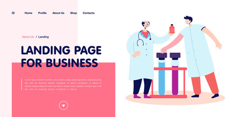 Pharmacists doing research in laboratory. Medical characters analyzing test tubes flat vector illustration. Medicine, healthcare, pharmacy concept for banner, website design or landing web page