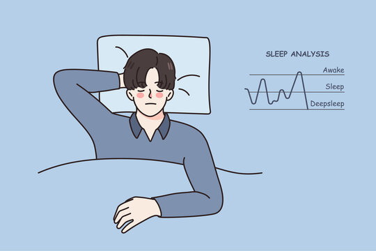 Calm young man asleep in bed have sleep analysis diagram near. Relaxed guy rest nap dream at home in bedroom, analyze deepsleep and awake. Diagnostic app or tracker. Vector illustration. 