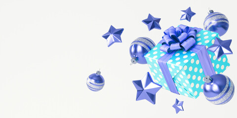 Bright New Year composition with Christmas decorations and a gift box with a bow on a white background. 3D illustration in green and blue, with space for text.