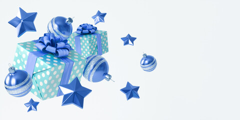 Christmas composition with Christmas decorations and a gift box with a bow on a white background. 3D illustration is in green and blue, with space for text..