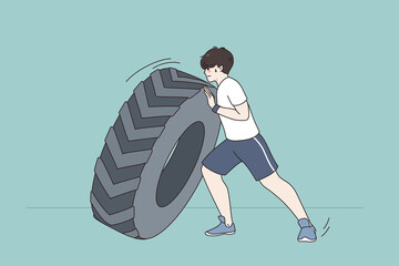 Young sportsman push tire do workout exercise in gym. Toned strong man doing sports train with tyre outdoor. Crossfit and weightlifting. Healthy lifestyle concept. Flat vector illustration.  © drawlab19