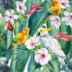 Tropical birds parrots, exotic jungle plants leaves, flowers. abstract background. seamless pattern