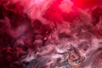 Pink smoke on black ink background, colorful fog, abstract swirling touch ocean sea, acrylic paint pigment underwater