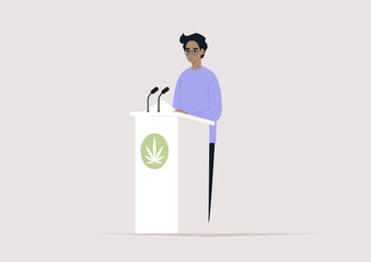 A political discussion over marijuana legalization, a young male Caucasian character debating behind the podium