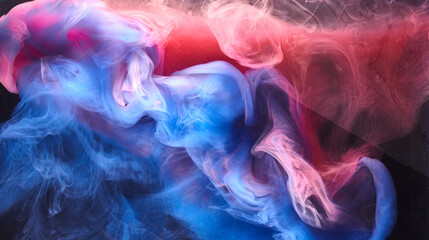 Blue pink smoke on black ink background, colorful fog, abstract swirling ocean sea, acrylic paint...