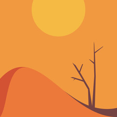 Dead tree yellow desert dunes hot big sun, Abstract shapes different colors warm palette, Vector illustration flat design, Global warming, deforestation, desertification, inappropriate agriculture