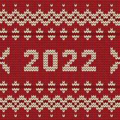 Fototapeta na wymiar 2022 number knitting seamless pattern Christmas and New Year decoration red wool knitted texture, Knitting pullover design crocheting and handmade nordic style, Vector illustration