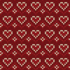 Heart knitting seamless pattern wool knitted texture red nordic knit knitwear fabric design hearts geometric ornament vector illustration, Cute retro background for Valentine's day or wedding