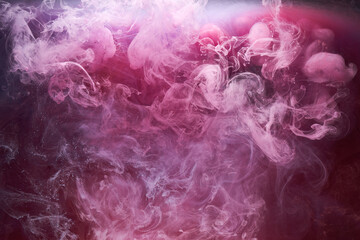 Fototapeta premium Pink smoke on black ink background, colorful fog, abstract swirling touch ocean sea, acrylic paint pigment underwater
