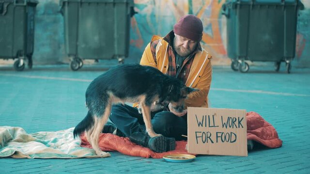 A homeless man is feeding his dog in the street