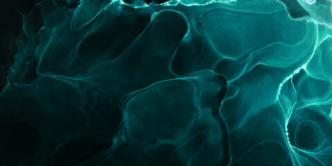 Abstract green electric wave on black technology background. Neon light paint in water, acrylic...