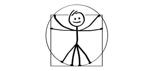 Stickman Vitruvian man symbol, Stick figures man, Leonardo da Vinci. Fun vector ratio icon or sign.  Cartoon human, anatomy body pictogram or logo for biology, anatomical, metaphor, health concept. 