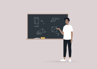 A young school teacher explains Geometry by pointing on the blackboard with hand-drawn figures
