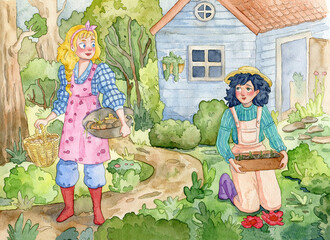 Cute gardener girls and landscape with garden, trees, flowers, garden house and path. Funny cartoon characters. Watercolor illustration