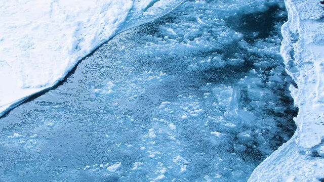 Frozen river, Cold winter or spring landscape, A frozen river with a huge current, Fragments of ice floating down the river. Crystal clear water and ice, a melting glacial river in Iceland