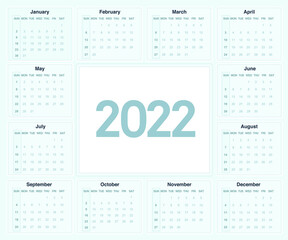 2022 calendar template, editable with space for message. Set of 12 months with space in the center and Sample text. Calendar 2022 layout with white space editable for text