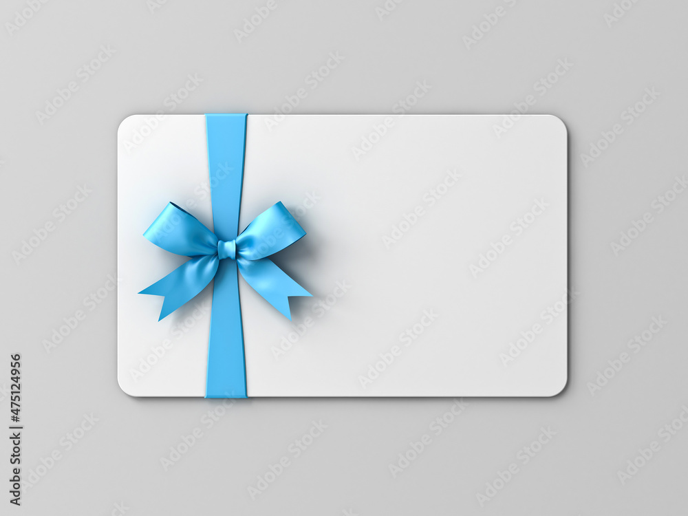 Poster blank white gift card with blue ribbon bow isolated on gray background with shadow minimal concept 3