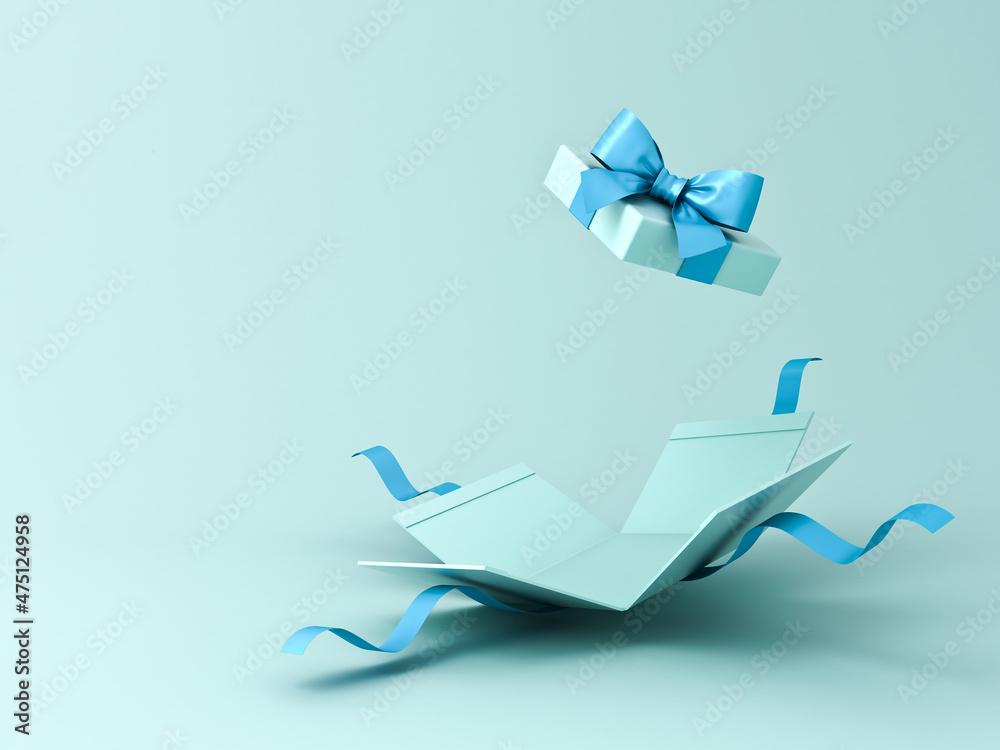 Poster blue gift box open or blank present box with blue ribbon and bow isolated on light blue background w