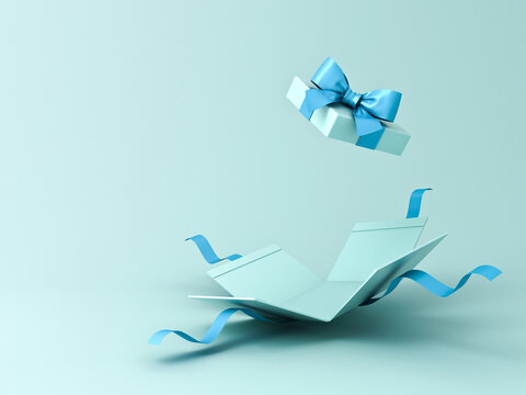 Blue gift box open or blank present box with blue ribbon and bow isolated on light blue background with shadow minimal concept 3D rendering
