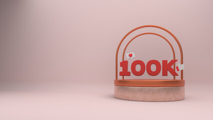 3d rendering 100k followers celebration with podium. useful for website design illustration