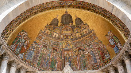 Gold mosaic on facade of St. Mark's Cathedral, Venice - Reception of Saint Mark