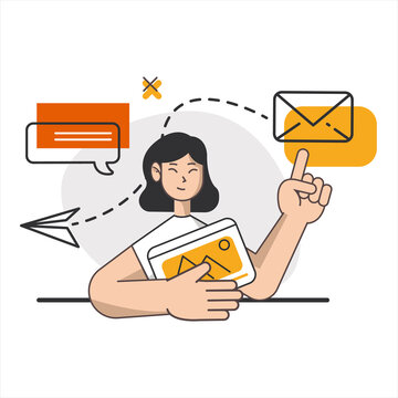 Modern advertising. Global marketing concept. Vector illustration. Remote business. Girl management at office. Woman haracter manager corporate with social community.