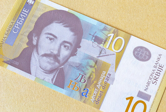 Obverse of uncirculated 10 dinars paper bill issued by Serbia, that shows portrait of linguist Vuk Stefanovic Karadzic