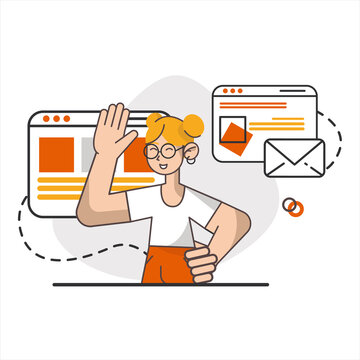 Modern advertising. Global marketing concept. Vector illustration. Remote business. Girl management at office. Woman haracter manager corporate with social community.