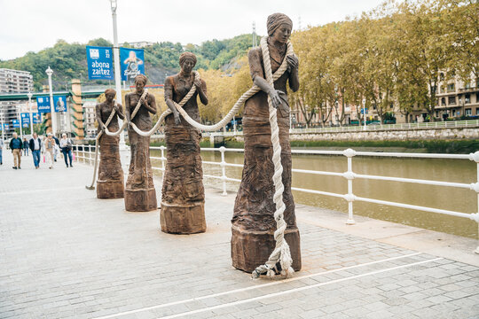 bilbao, spain - dec, 2021 Las Sirgueras, the women pulling the boats through a towline