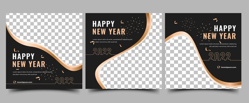 Happy new year 2022 social media post template design collection. Modern square banner with place for the photo.