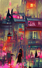 Bright colorful Paris street drawing. Modern impressionism painting contemporary art. Color houses and building. Surreal abstraction in oil and pastel mixed. Wall art print, poster, canvas artwork