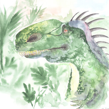 /Watercolor colorfull dinosaurus monolofosaurus illustration