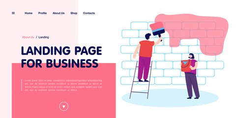 Cartoon couple painting wall together. Man with big brush on ladder, woman with can of paint flat vector illustration. Home repair, renovation concept for banner, website design or landing web page