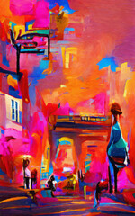 Bright colorful Paris street drawing. Modern impressionism painting contemporary art. Color houses and building. Surreal abstraction in oil and pastel mixed. Wall art print, poster, canvas artwork