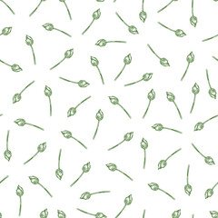 Vector white delicate seamless pattern with scattered flower bud and stem 03. Suitable for textile, gift wrap and wallpaper.