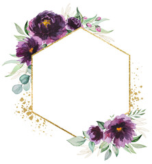 Watercolor Purple peonies flowers abd green leaves golden geometric frame illustration