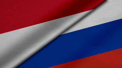 3D Rendering of two flags from Republic of Indonesia and Russian Federation together with fabric texture, bilateral relations, peace and conflict between countries, great for background