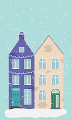 winter landscape with house.Christmas card with houses. Amsterdam, Netherlands architecture. Cute colorful houses. Vector illustration. European style. Merry Christmas and Happy new year