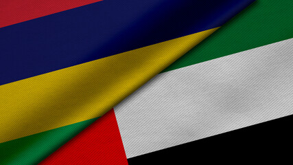 3D Rendering of two flags from Republic of Mauritius and United Arab Emirates together with fabric texture, bilateral relations, peace and conflict between countries, great for background