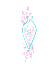 Potion crystals magic bottle witchcraft magic, doodle boho style. Isolated, white background. Vector illustration